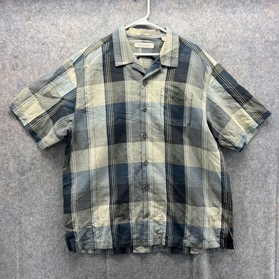 Tommy Bahama Shirt Mens XL Blue Gray Plaid Linen Silk Blend Button Up Retro VTG