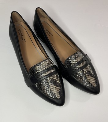 Vionic Savannah Leather Snake Print Loafers Flats Black Pointed Toe Women s 9.5