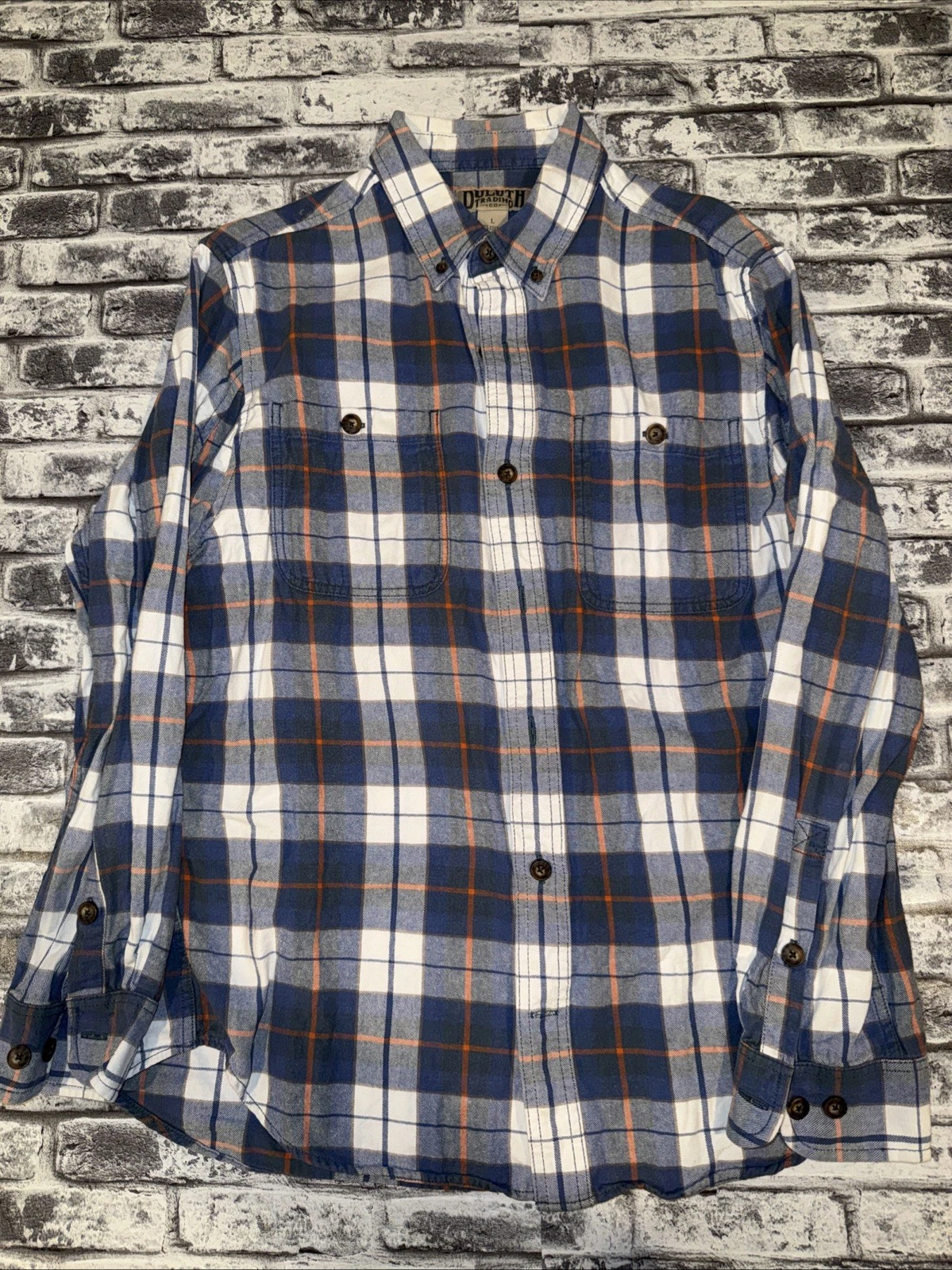 Duluth Trading Co Men's Plaid Flannel Button-Down Shirt Blue Orange Long Sleeve