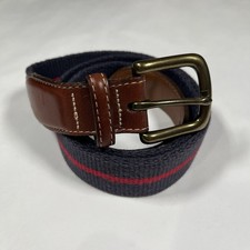 Orvis Belt Size 36 Brown Leather Cloth Brass Buckle Blue Red Stripe USA MADE