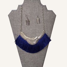 Boho Fringe Necklace/ Silver Tone with Blue Fringe / necklace and earrings set