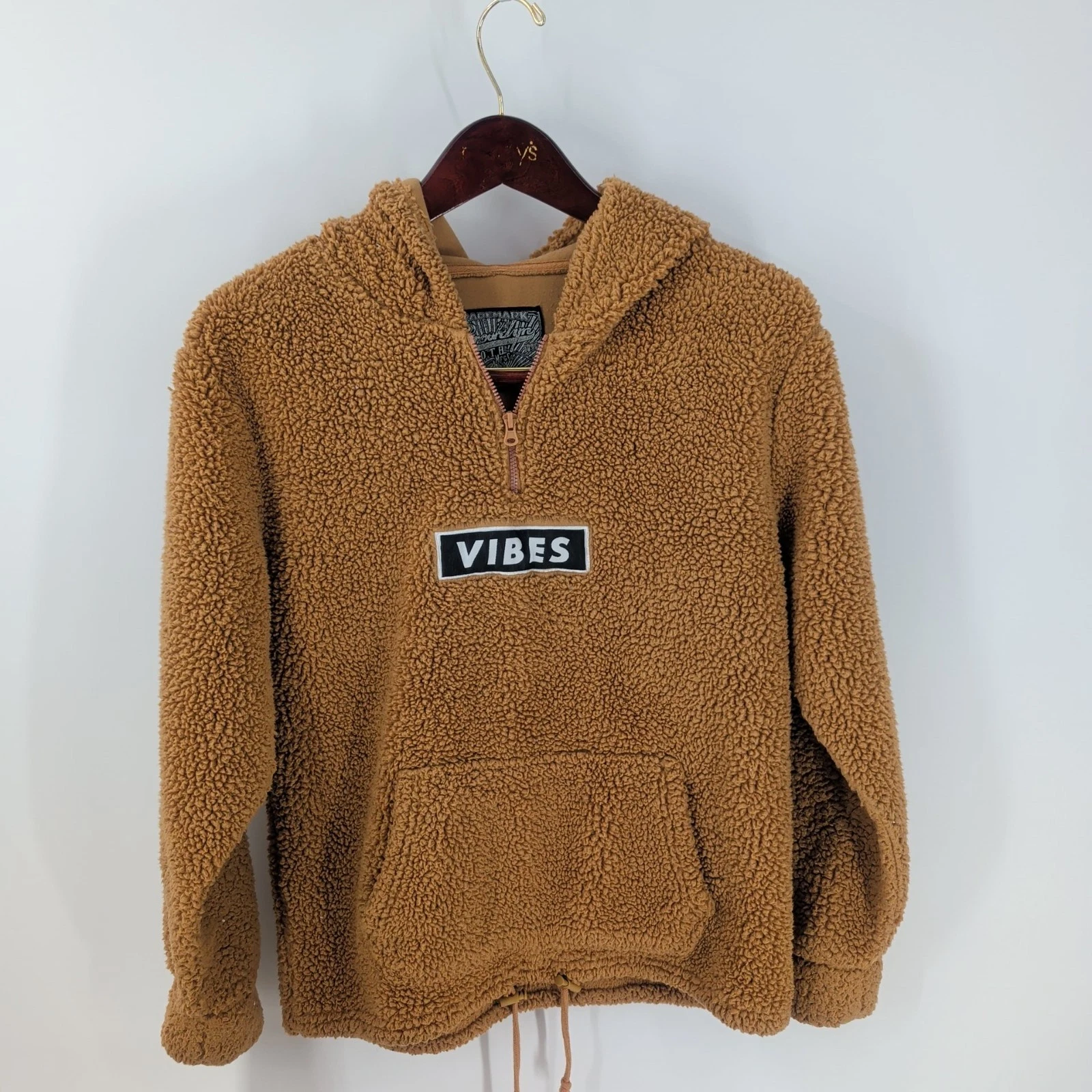 Vintage 90's Brooklyn Trademark Vibes Patch 1/4 Zip Sherpa Hoodie Camel Brown L