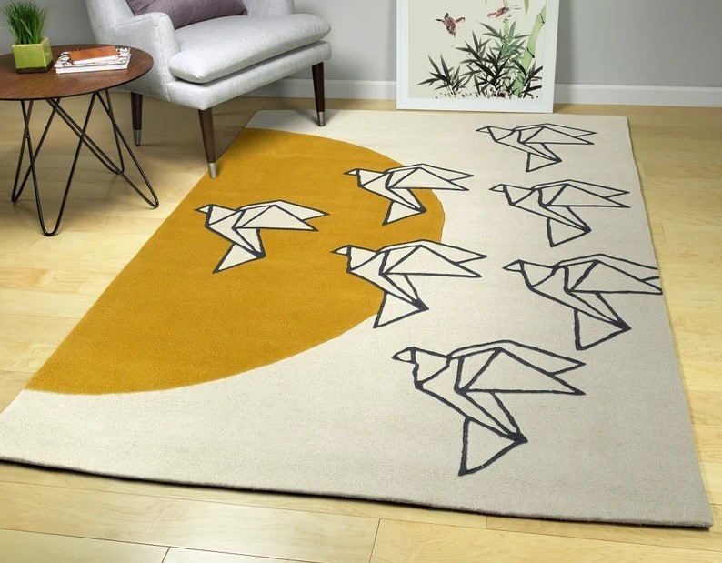 Modern Bird Design Handmade Wool Rug - Tufted Area Carpet for Home & Office 8x10