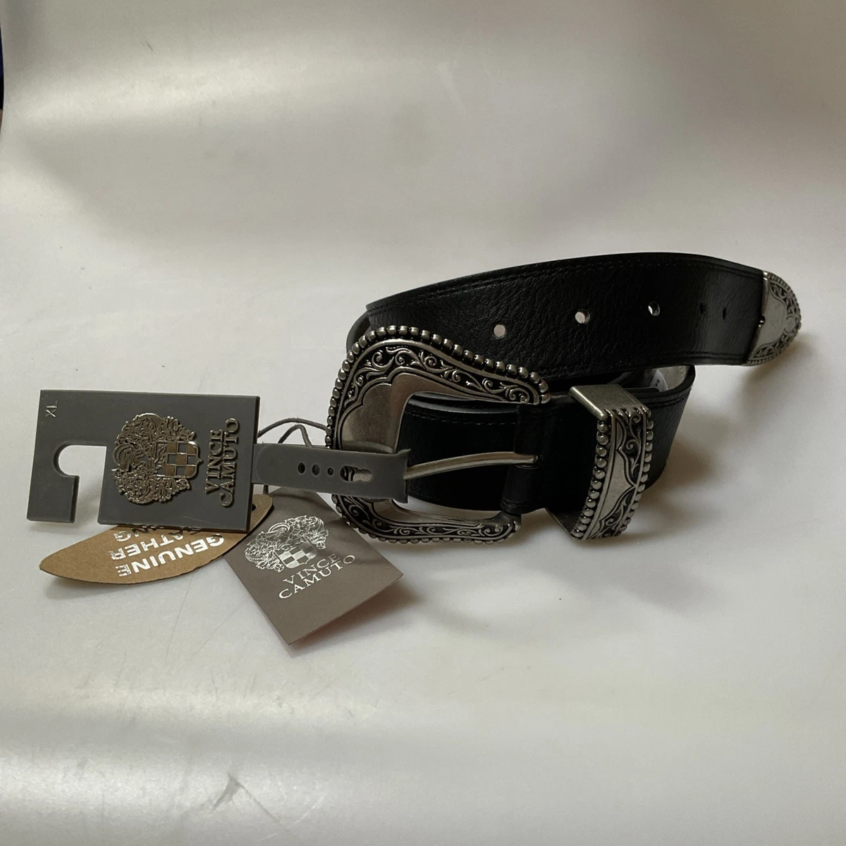 Vince Camuto Unisex Black Leather Belt with Decorative Silver Buckle Vince Camuto • L/x-large • Croc Embossed • Black Leather  main image 2