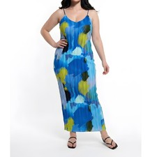 PrettyLittleThing Blue Abstract Maxi Dress Pleated Criss Cross Back Evening Gown