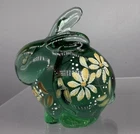 Emerald Green Fenton Glass Bunny Rabbit Hand Painted Floral Daisy Signed 3”