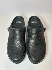 Dansko Clogs Women's Black Leather Embossed Floral Comfort Slip On Shoes Size 39