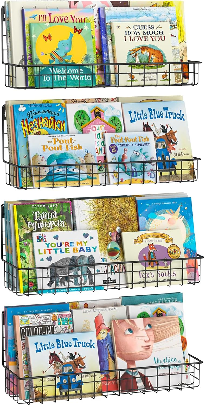 4-Pack Wall Mounted Metal Kids Bookshelf, Floating Book Shelves for Kids Nursery