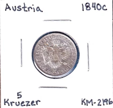 1840C Austria 5 Kreuzer (KM-2196) Silver!!! [Ferdinand I]  Prague Mint