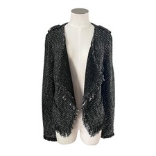 White House Black Market WHBM Womens Classic Black Tweed Raw Hem Jacket Sz M
