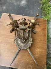 Antique Vintage Gold Gilt Wrought Iron Crossed Swords Shield Wall Candle Holder