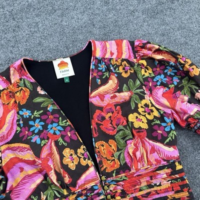 Farm Rio Vibrant Floral Print Bananas Deep V-Neck Puff Sleeve Mini Dress Medium