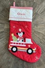 Pottery Barn Kid’s Red Quilted Christmas Stocking Dog/Fire Truck Mono Gracie