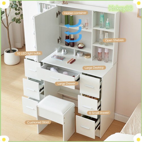 Bedroom Dressing Desk Set 10 LED Lighted Mirror w/ Stool Vanity Makeup