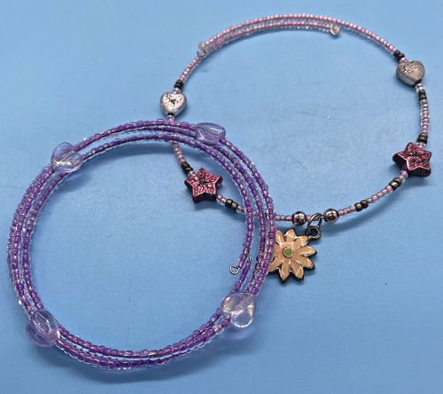 2 Wrap Beaded Bracelets Purple with Clear Hearts & Multi-Color Hearts and Stars - Picture 6 of 9