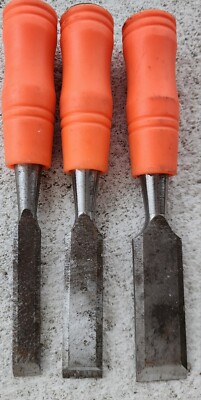 Vintage Woodworking Chisels 3 Piece Tool Set Orange Handle ½'' - ¾'' - 1'' 