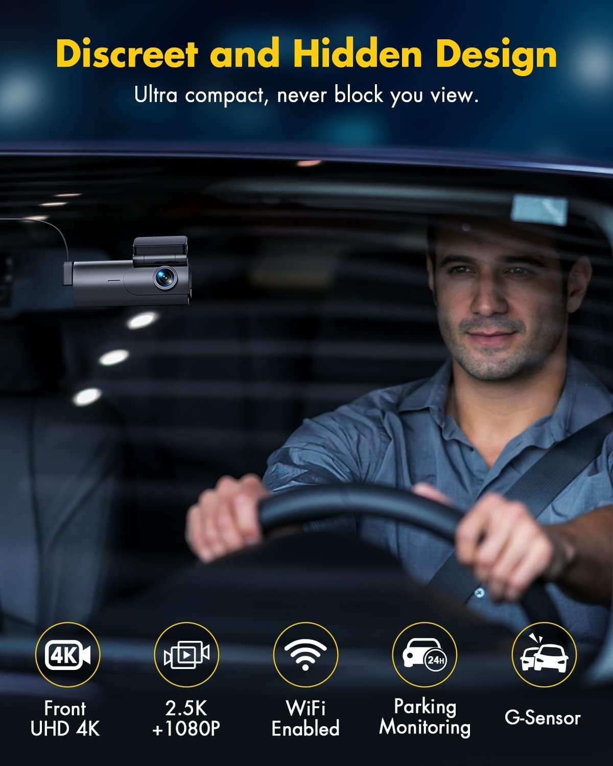 4K WiFi Dash Cam, Dual Front & Rear 2.5K+1080P, Hidden Car Camera with