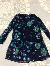 Ann Taylor Loft Navy Blue Teal Green Floral Sheer Overlay Drop Waist Dress XS