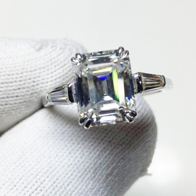 4.24Ctw Emerald Cut Moissanite Three Stone Engagement Ring 14K White Gold Plated