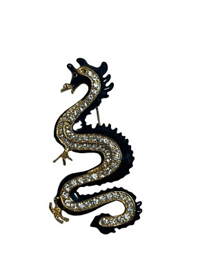 Vintage Gold Tone Enamel & Black Rhinestones 1980s Chinese Dragon Brooch Pin.