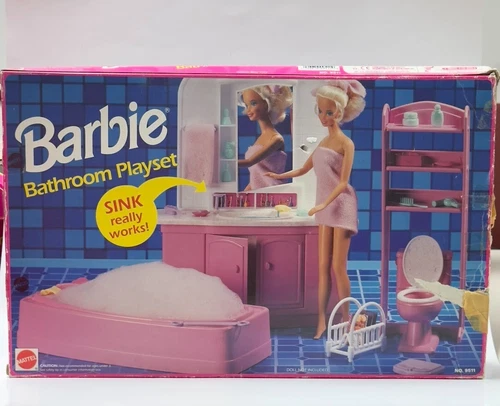 Vtg Mattel 1993 Barbie Bathroom Playset Tub Sink Vanity Complete Set In Box 9511