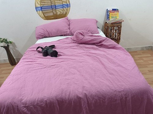 Housse de couette lavée lin couleur lilas 3 pièces couette naturelle avec boutons noix de coco - Photo 2 sur 8