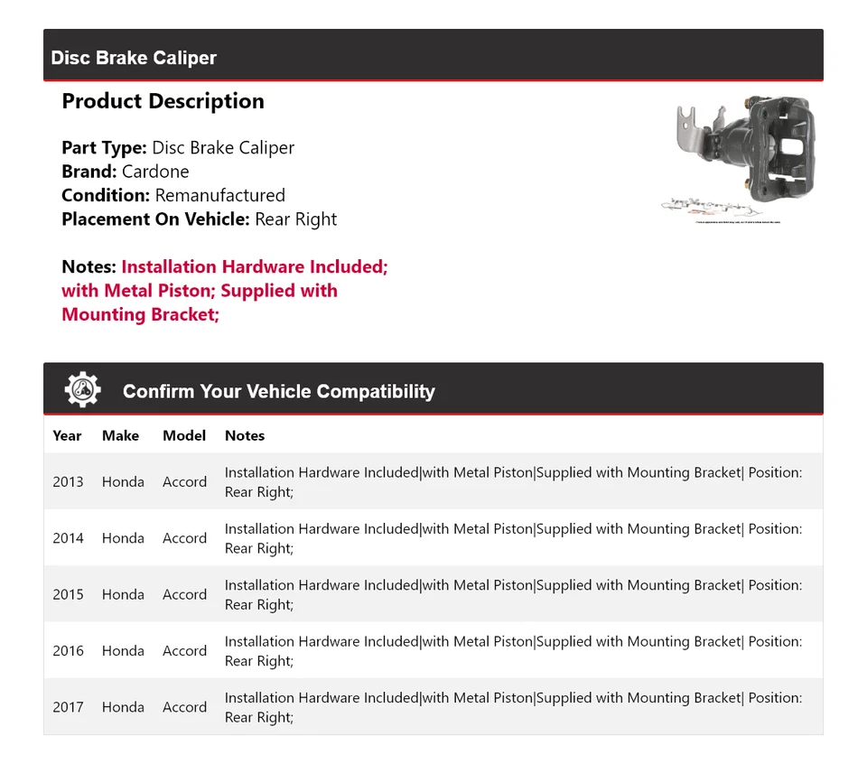 For 2013-2017 Honda Accord Disc Brake Caliper Rear Right Cardone 2014 2015 2016 - Imagem 2 de 4