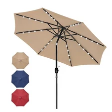 9' Solar Umbrella 32 LED Lighted Patio Umbrella with Push Button Tilt/Crank Tan