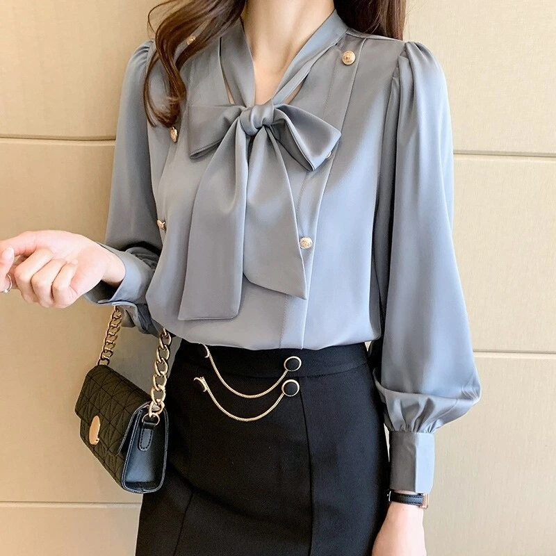 Bow Women Faux Silk Shirts Blouse Tops Satin Office Formal Puff Long Sleeve