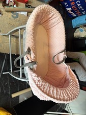 Grey Moses Basket with Pink Cover and Rocking Stand and Matress Used