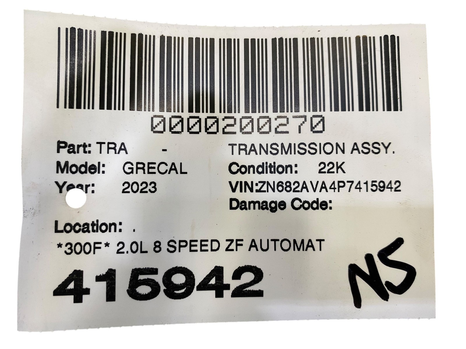 2023-2025 MASERATI GRECALE M182 2.0L 8 SPEED ZF AUTOMATIC TRANSMISSION *22K*