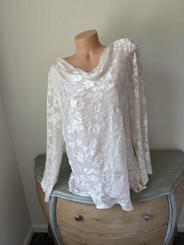 Adrianna Papell Ivory Top 1X NWT Silk Burnout Satin Floral Drape Neck Beaded