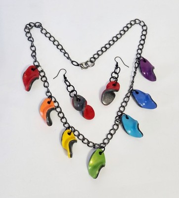 OOAK Handmade Rainbow Polymer Clay Jewelry Set Necklace Earrings Gunmetal 22''