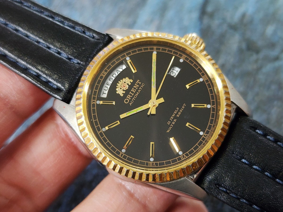 RARE Vintage Orient President Day/Date Auto Watch Rare Black Dial