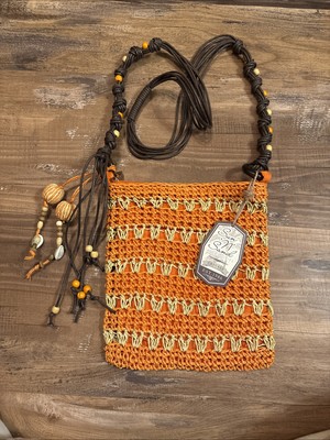 Sun N Sand Crossbody Purse Orange Gold Thread Handbag Macrame Straw Beads Boho