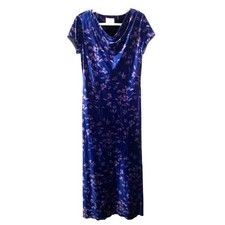 VTG 90s David Warren Velvet Blue Floral Maxi Dress Women's 10 Cowl Neck Coquette