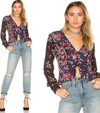 Free People Women's Top Blouse Size S Floral Way The World Turns Blue Ties #1