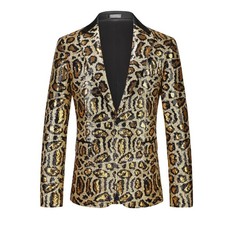 Mens Leopard Print Sequins Slim Fit One Button Suit Jacket Blazers Evening Party