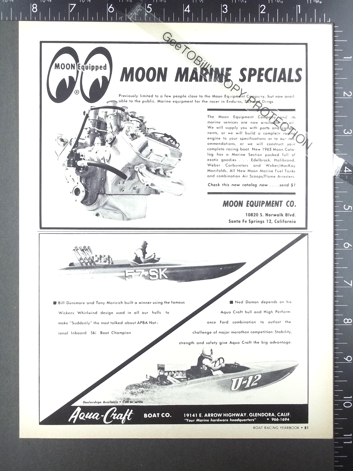 1965 AD for Aqua Craft Wickens drag ski speed boat & Moon Equipment ...