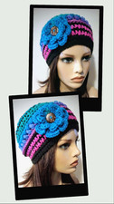 crochet womans handmade flower hat beanie polo stripes puffs new