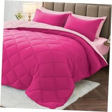 7 Pieces Queen Comforter Set, Reversible Queen 88"x88" Hot Pink/Baby Pink