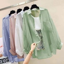 Summer cover up Shirt Elegant Perspective Thin Chiffon Blouse Korean Harajuku Se