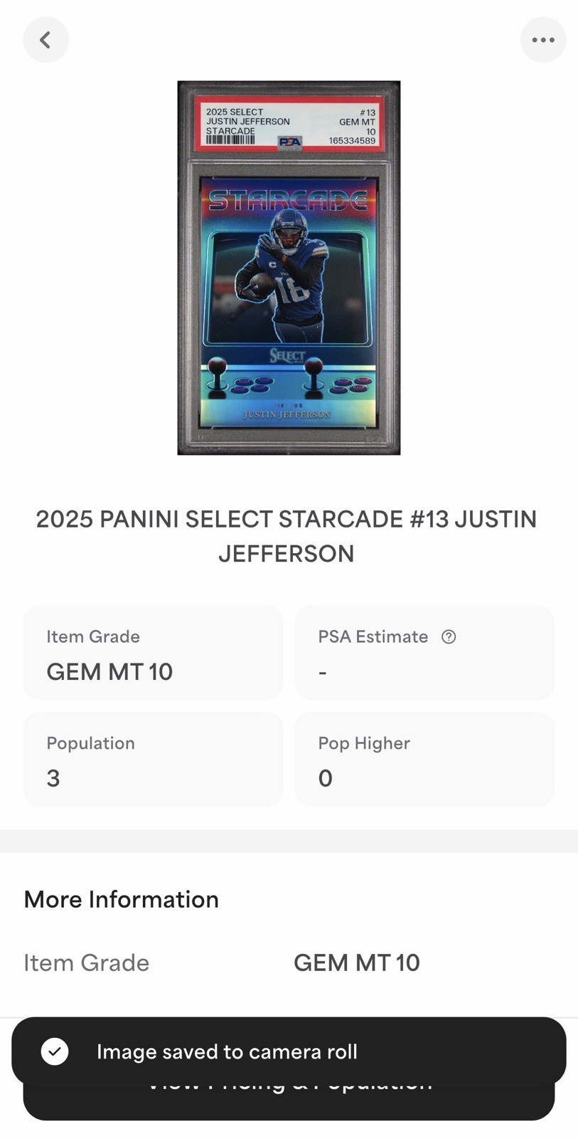 2025 Select Justin Jefferson SSP Starcade PSA 10 Pop 4 Total view 4