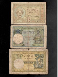 Madagascar 1937 47 5 20 Francs Lot of 3 Banknotes VG aVF!