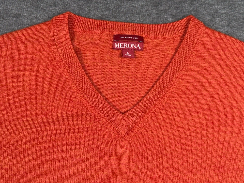 Merona Mens Sz L Orange 100%  Merino Wool V Neck Sweater Lightweight Classic - Image 2 of 4