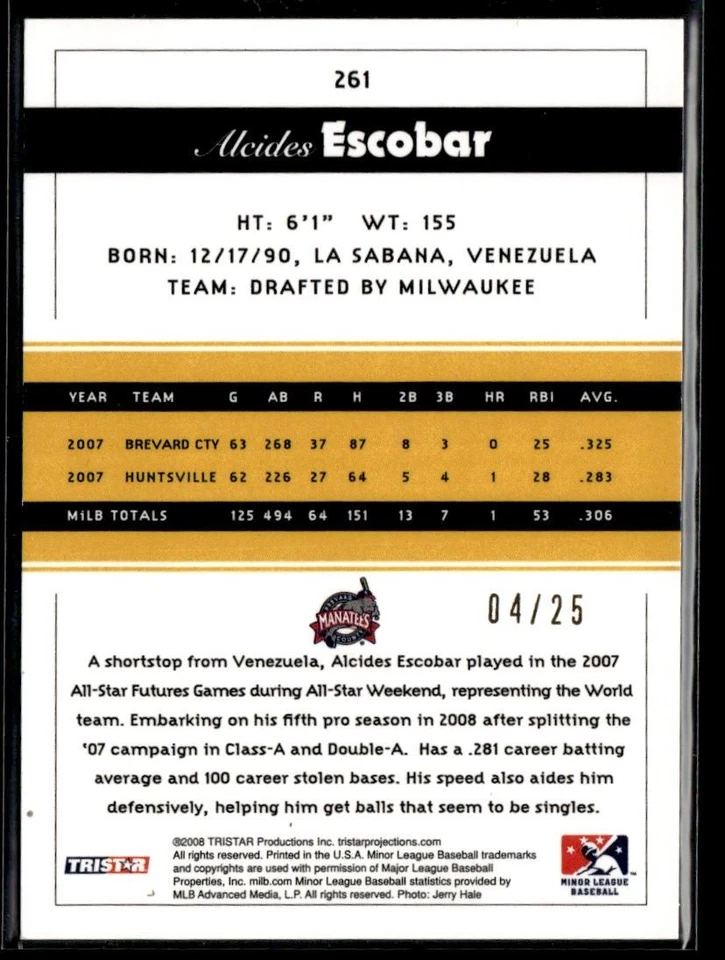 TriStar Projections Yellow Alcides Escobar 2008 25/04 Brevard County Manatees Foto 2 de 2