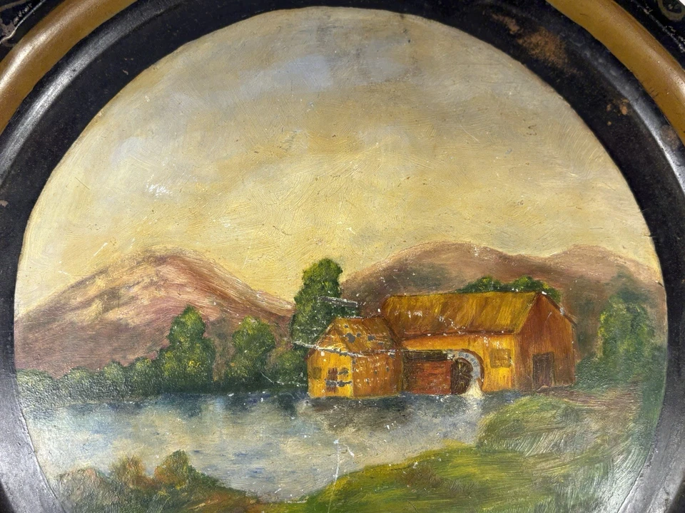 1880s PRIMITIVE HAND PAINTED METAL TRAY MILL SCENE LANDSCAPE FOLK ART PAINTING - Image 4 of 4