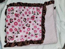 Little Beginnings Pink Brown Flower Floral Butterfly Blanket Soft Plush Back