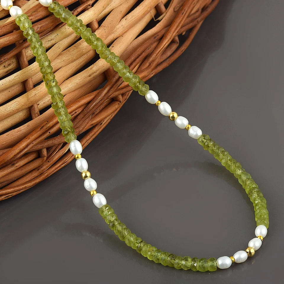 Natural Facetado Verde Peridoto y Perla Rondana Cuentas Plata Cadena 18" Collar - Imagen 2 de 4