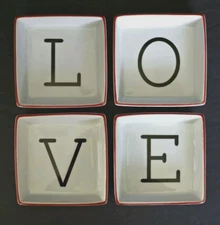 The Cellar SENTIMENTS Set 4 Square Condiment Bowls L O V E White Black Letters